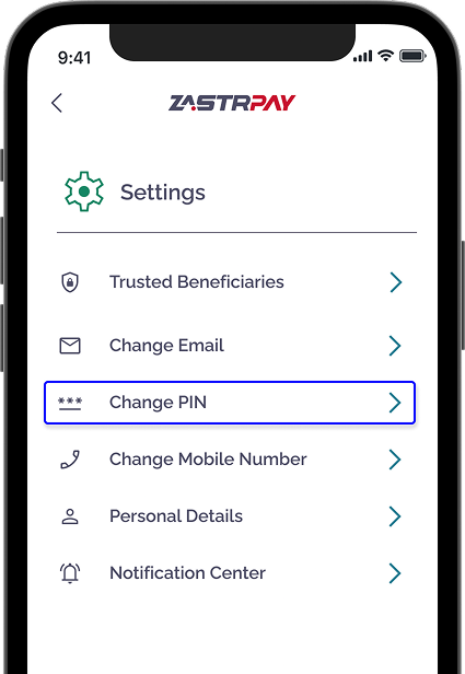 Zastrpay settings with 'Change PIN' option